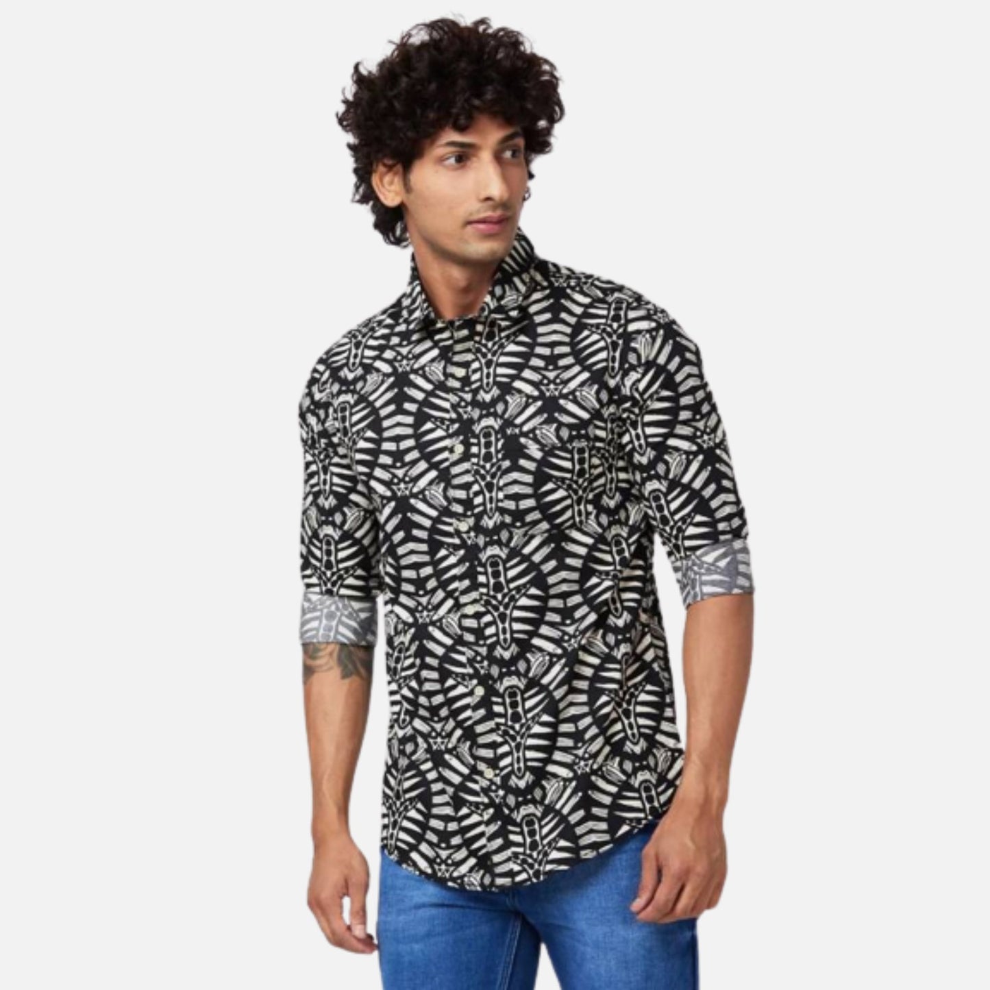 BLACK COTTON REGULAR SLIM FIT FULL SLEEVE CAUSAL PRINTED SHIRT