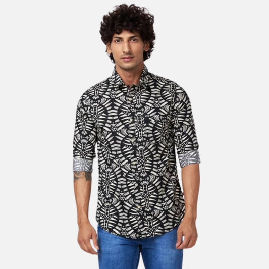 BLACK COTTON REGULAR SLIM FIT FULL SLEEVE CAUSAL PRINTED SHIRT