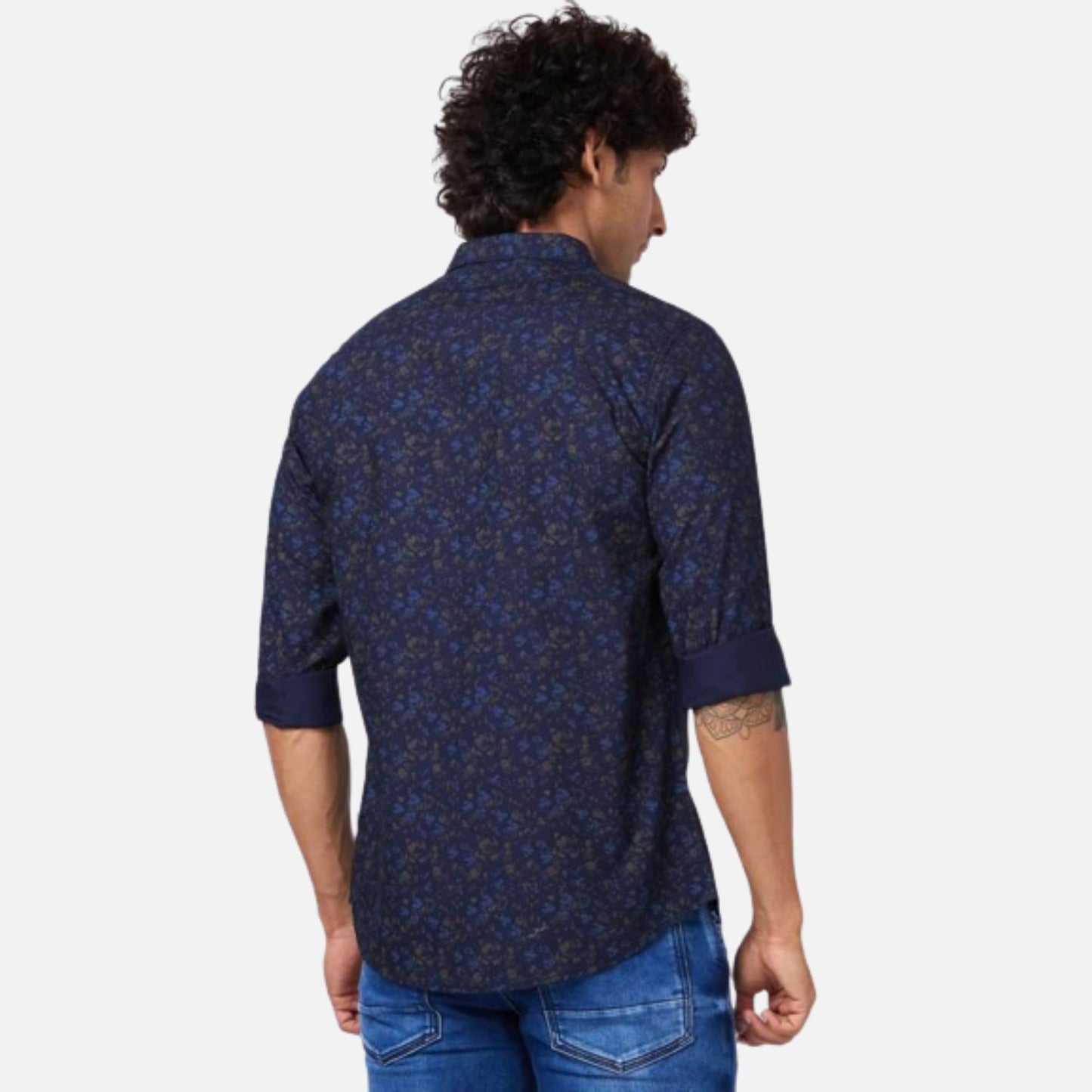 NAVY BLUE POPLIN SLIM FIT FULL SLEEVE CAUSAL PRINTED SHIRT