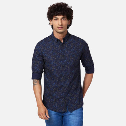 NAVY BLUE POPLIN SLIM FIT FULL SLEEVE CAUSAL PRINTED SHIRT