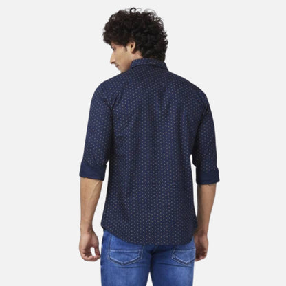 MIDNIGHT BLUE COTTON REGULAR SLIM FIT FULL SLEEVE CAUSAL PRINTED SHIRT