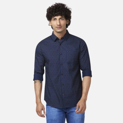 MIDNIGHT BLUE COTTON REGULAR SLIM FIT FULL SLEEVE CAUSAL PRINTED SHIRT