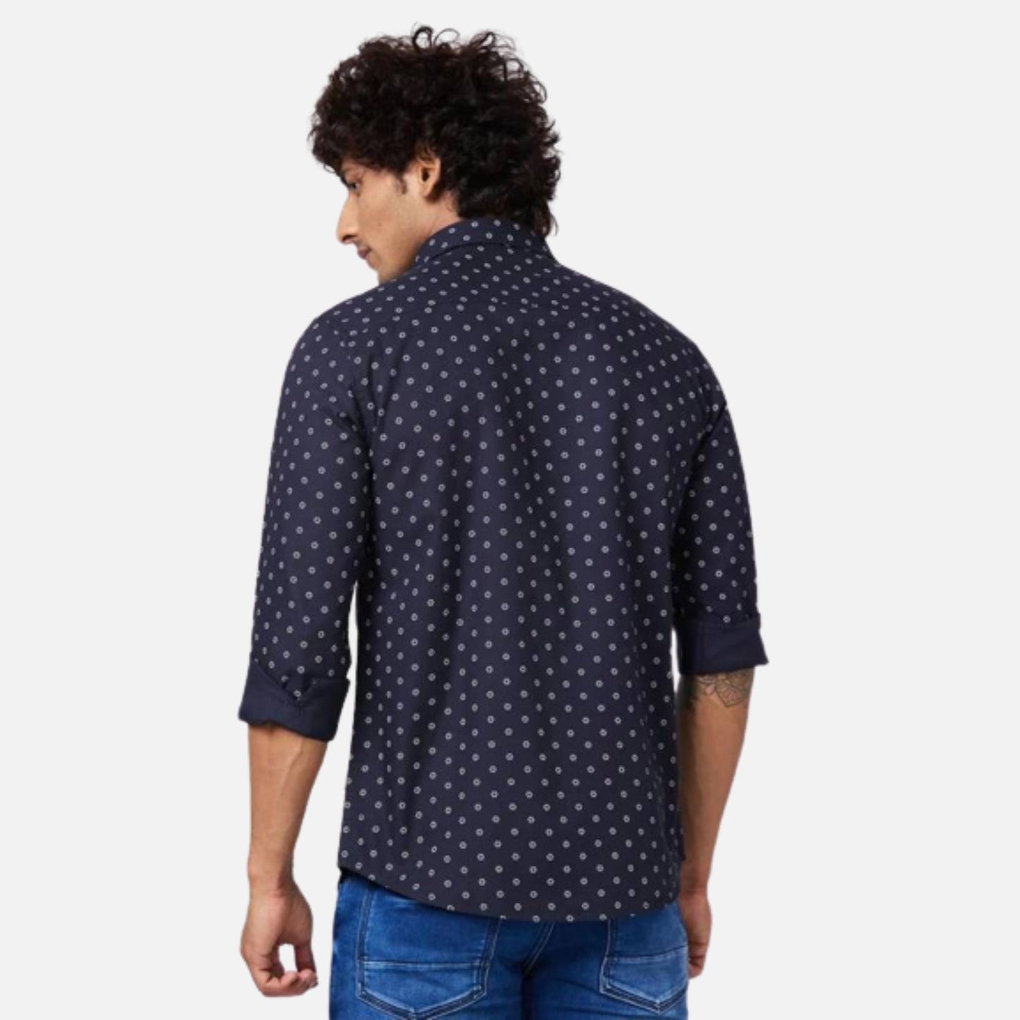 NAVY BLUE COTTON REGULAR SLIM FIT FULL SLEEVE CAUSAL PRINTED SHIRT