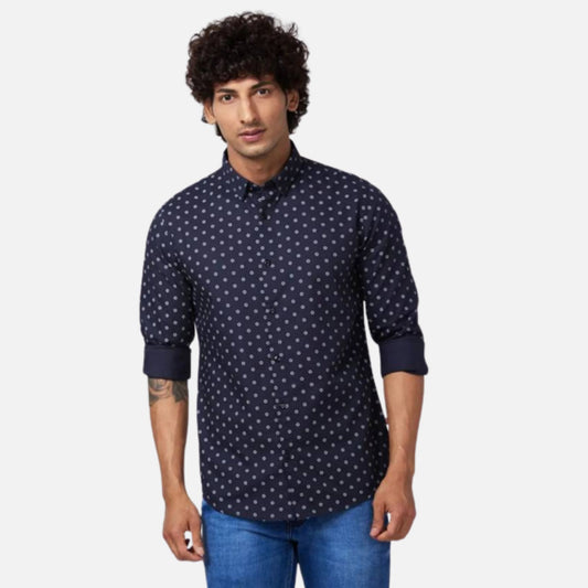 NAVY BLUE COTTON REGULAR SLIM FIT FULL SLEEVE CAUSAL PRINTED SHIRT