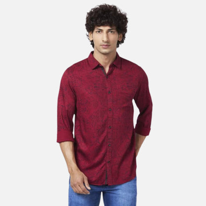 DEEP RED VISCOSE REGULAR SLIM FIT FULL SLEEVE CAUSAL PRINTED SHIRT