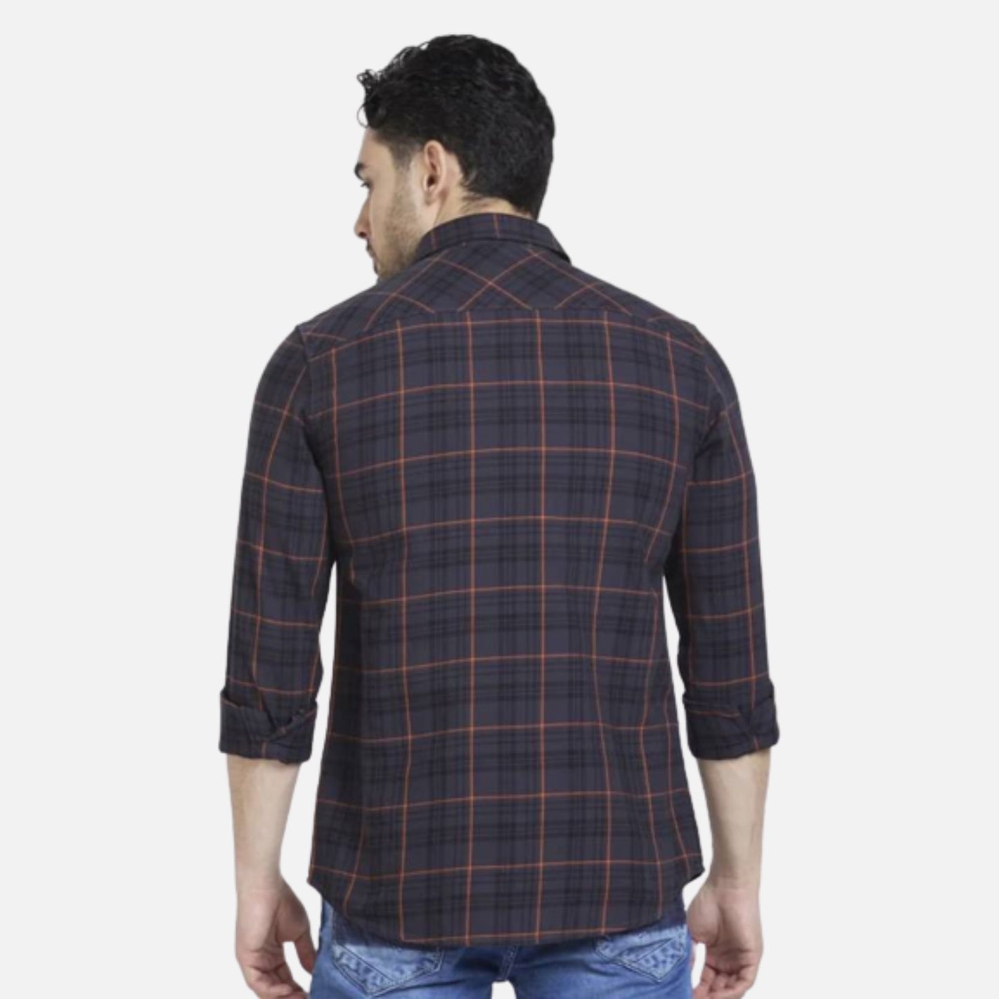 CHARCOAL GREY COTTON REGULAR SLIM FIT FULL SLEEVE CHECKERED SHIRT