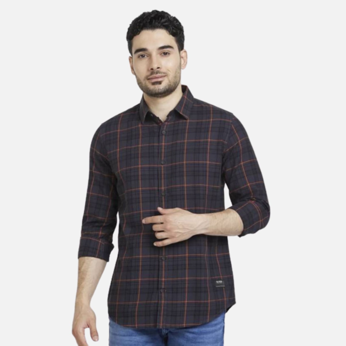 CHARCOAL GREY COTTON REGULAR SLIM FIT FULL SLEEVE CHECKERED SHIRT