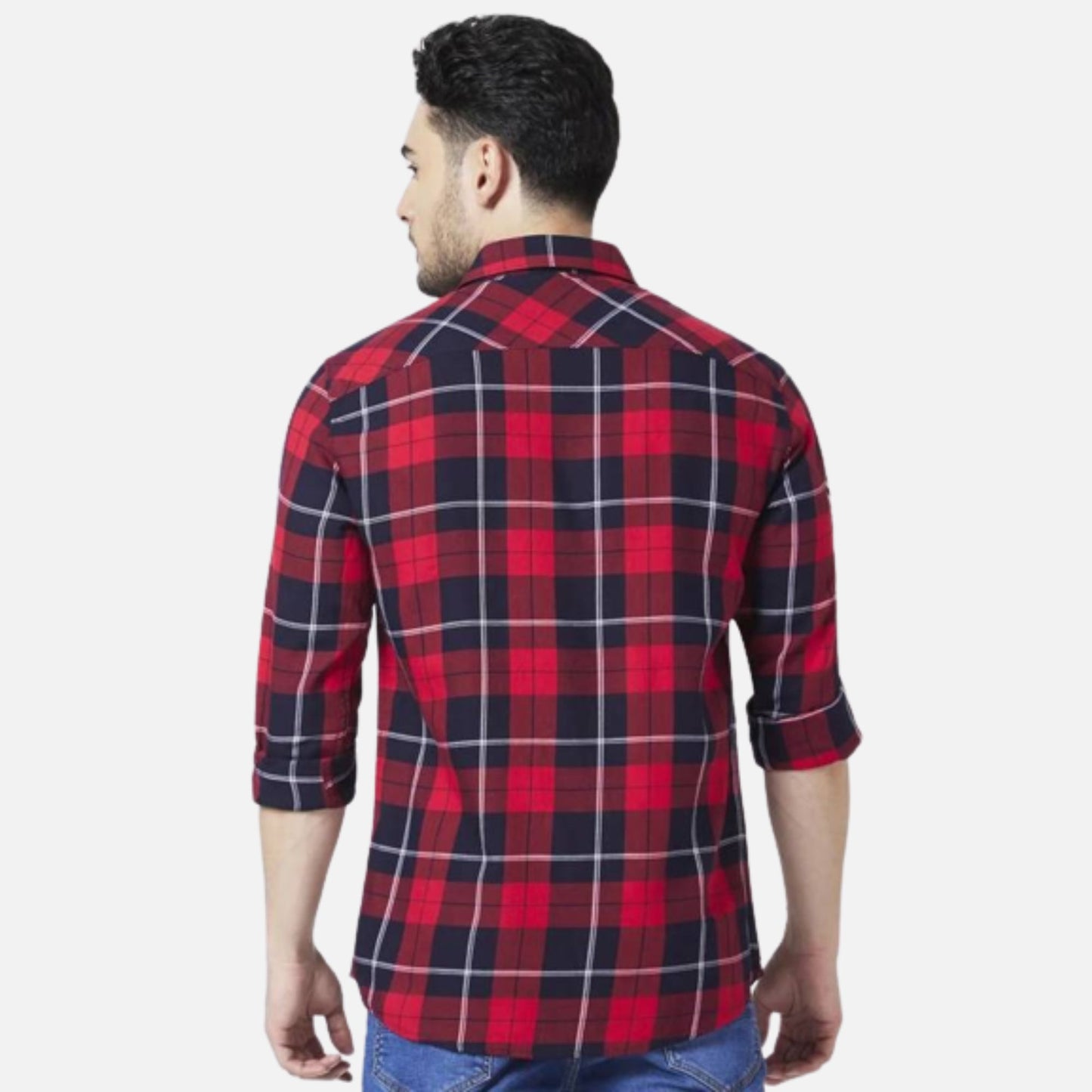 RED COTTON REGULAR SLIM FIT FULL SLEEVE CHECKERED SHIRT