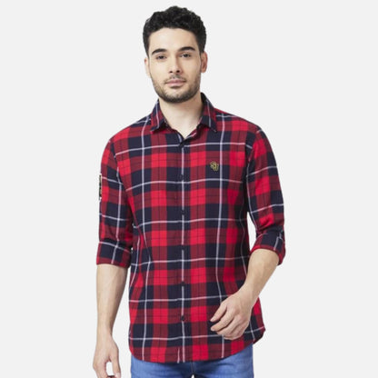 RED COTTON REGULAR SLIM FIT FULL SLEEVE CHECKERED SHIRT