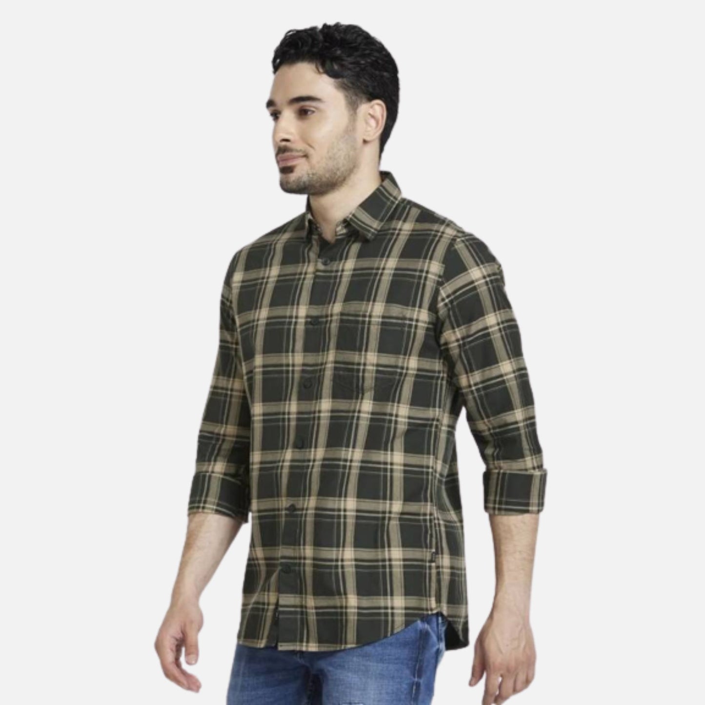 BOTTLE GREEN COTTON REGULAR SLIM FIT FULL SLEEVE CHECKERED SHIRT