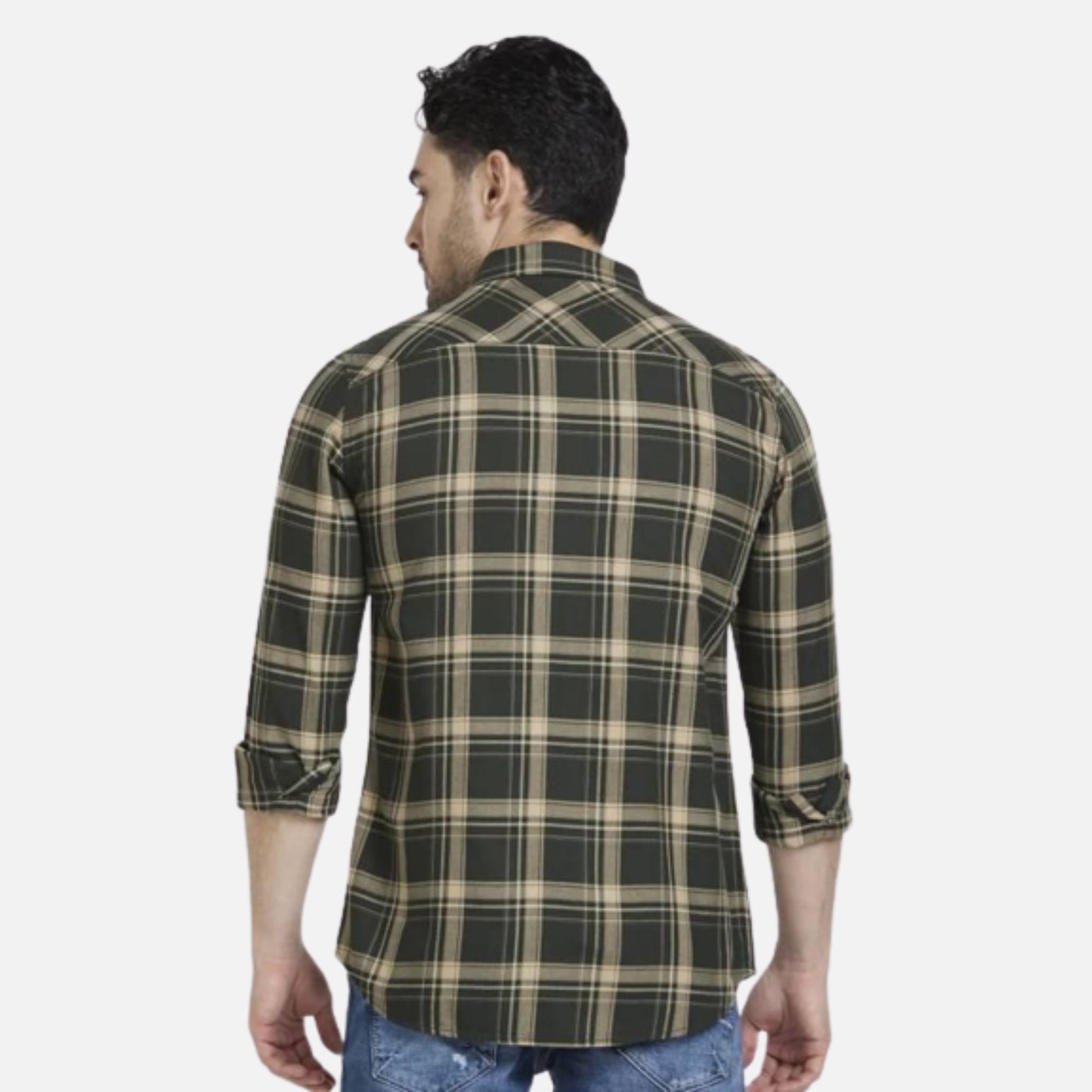 BOTTLE GREEN COTTON REGULAR SLIM FIT FULL SLEEVE CHECKERED SHIRT