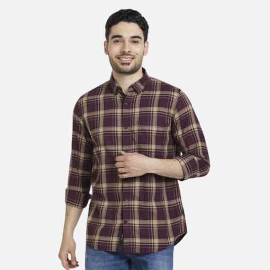 WINE RED COTTON REGULAR SLIM FIT FULL SLEEVE CHECKERED SHIRT