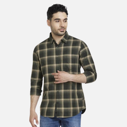 BOTTLE GREEN COTTON REGULAR SLIM FIT FULL SLEEVE CHECKERED SHIRT