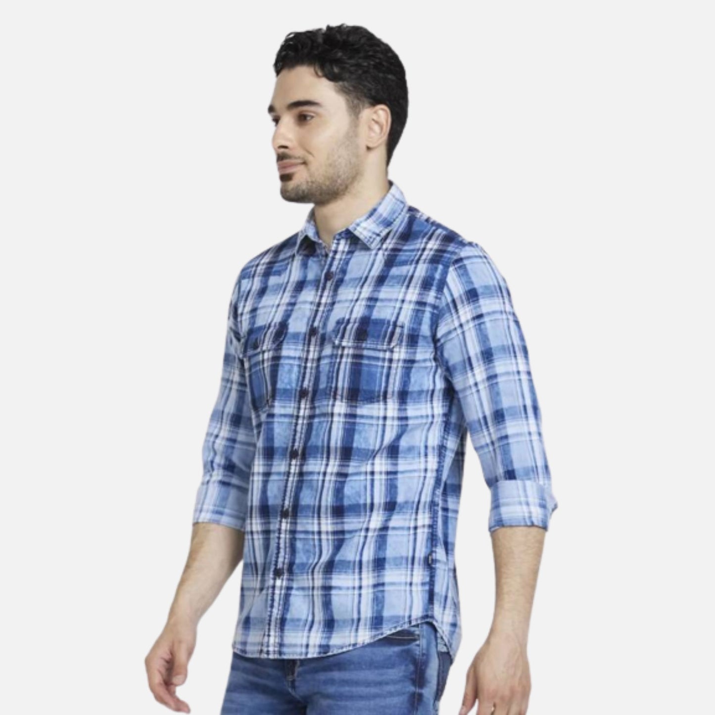 INDIGO BLUE COTTON REGULAR SLIM FIT FULL SLEEVE CHECKERED SHIRT