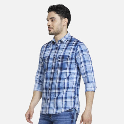 INDIGO BLUE COTTON REGULAR SLIM FIT FULL SLEEVE CHECKERED SHIRT