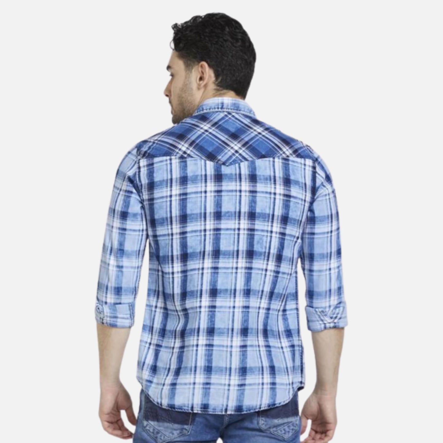 INDIGO BLUE COTTON REGULAR SLIM FIT FULL SLEEVE CHECKERED SHIRT