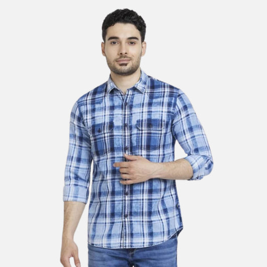 INDIGO BLUE COTTON REGULAR SLIM FIT FULL SLEEVE CHECKERED SHIRT