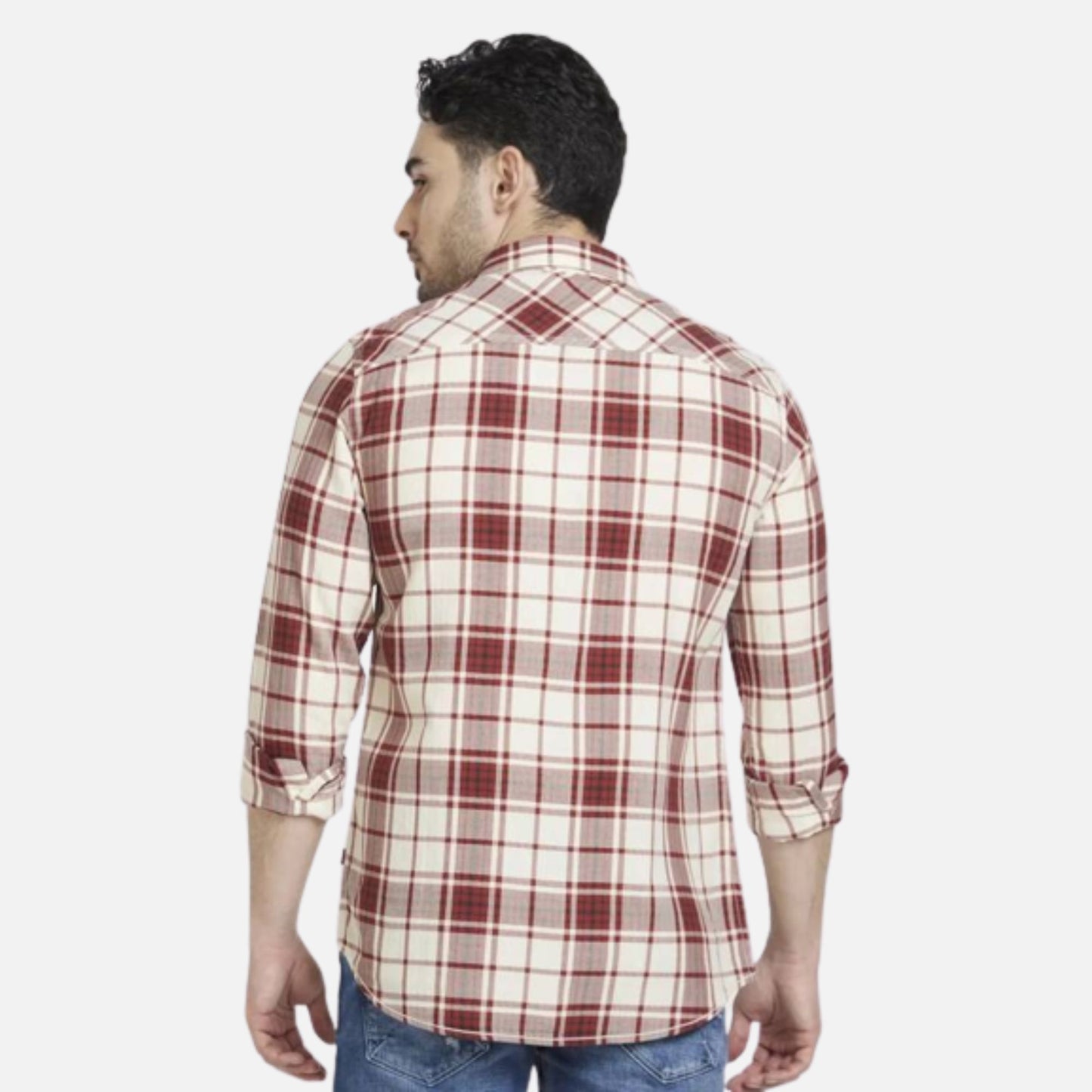 BRICK RED COTTON REGULAR SLIM FIT FULL SLEEVE CHECKERED SHIRT