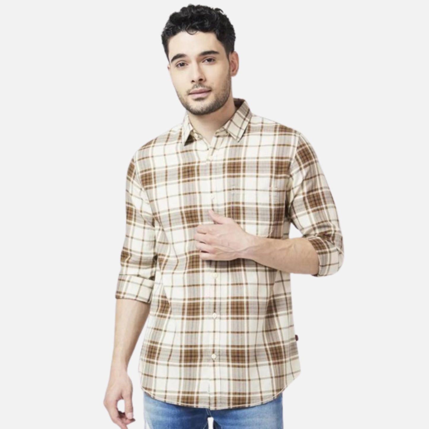 MOSS GREEN COTTON REGULAR SLIM FIT FULL SLEEVE CHECKERED SHIRT