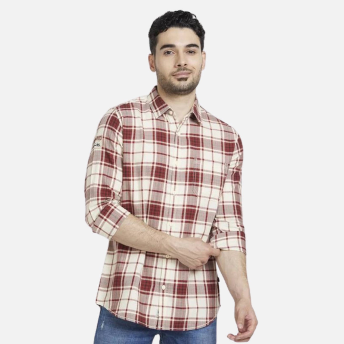 BRICK RED COTTON REGULAR SLIM FIT FULL SLEEVE CHECKERED SHIRT