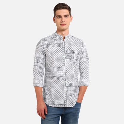 Mandarin Collar Motif Print Shirt