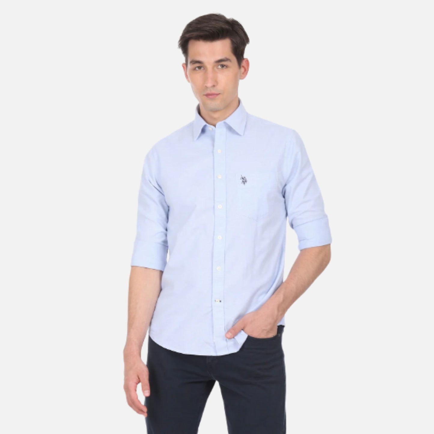 Spread Collar Solid Casual Shirt