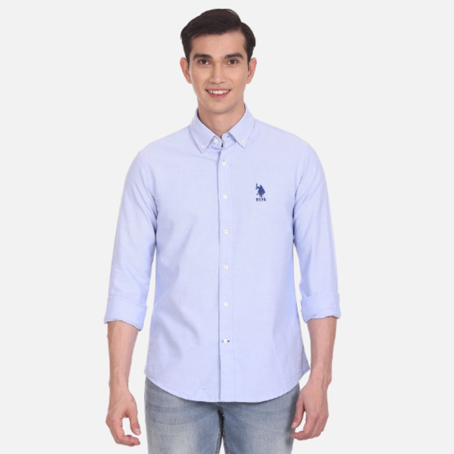 Blue Button Down Collar Cotton Solid Casual Shirt