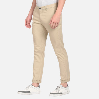 Beige Mid Rise Flat Front Solid Trousers