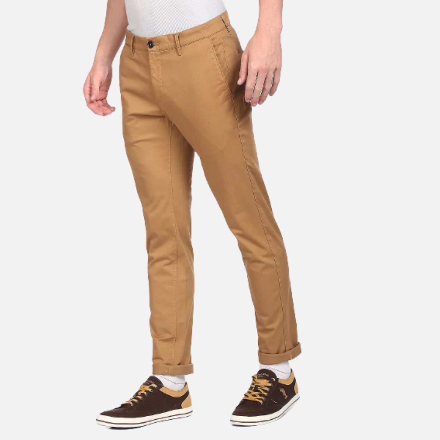 Khaki Mid Rise Solid Casual Trousers