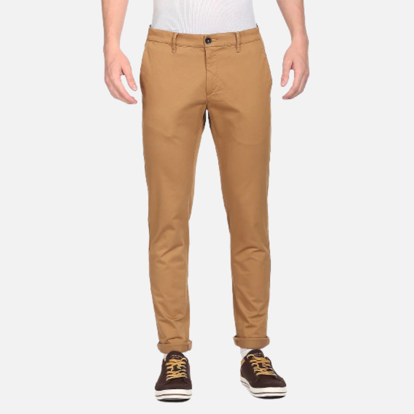 Khaki Mid Rise Solid Casual Trousers