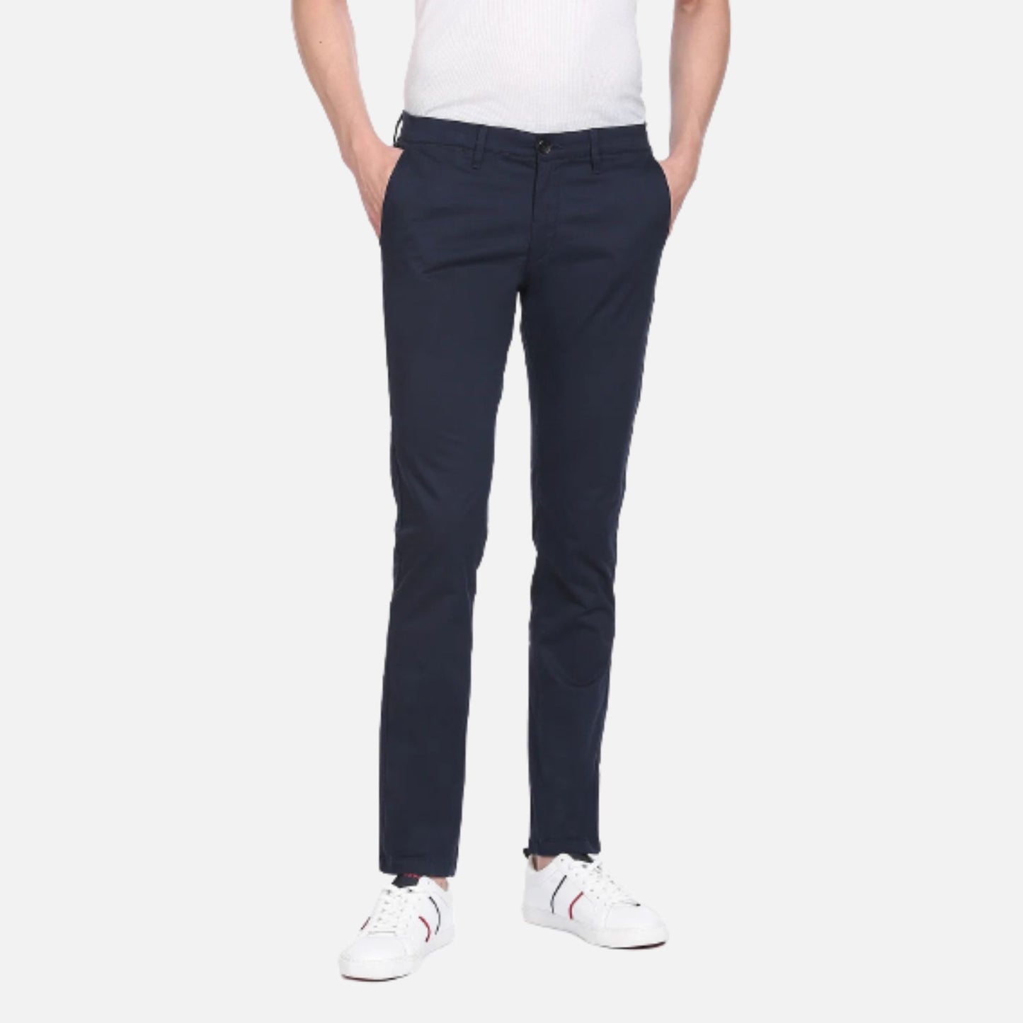 Navy Solid Mid Rise Casual Trousers