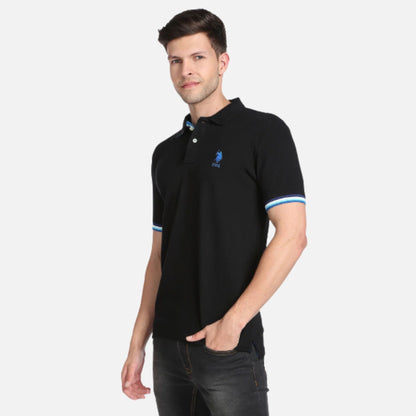 Striped Sleeve Hem Solid Polo Shirt