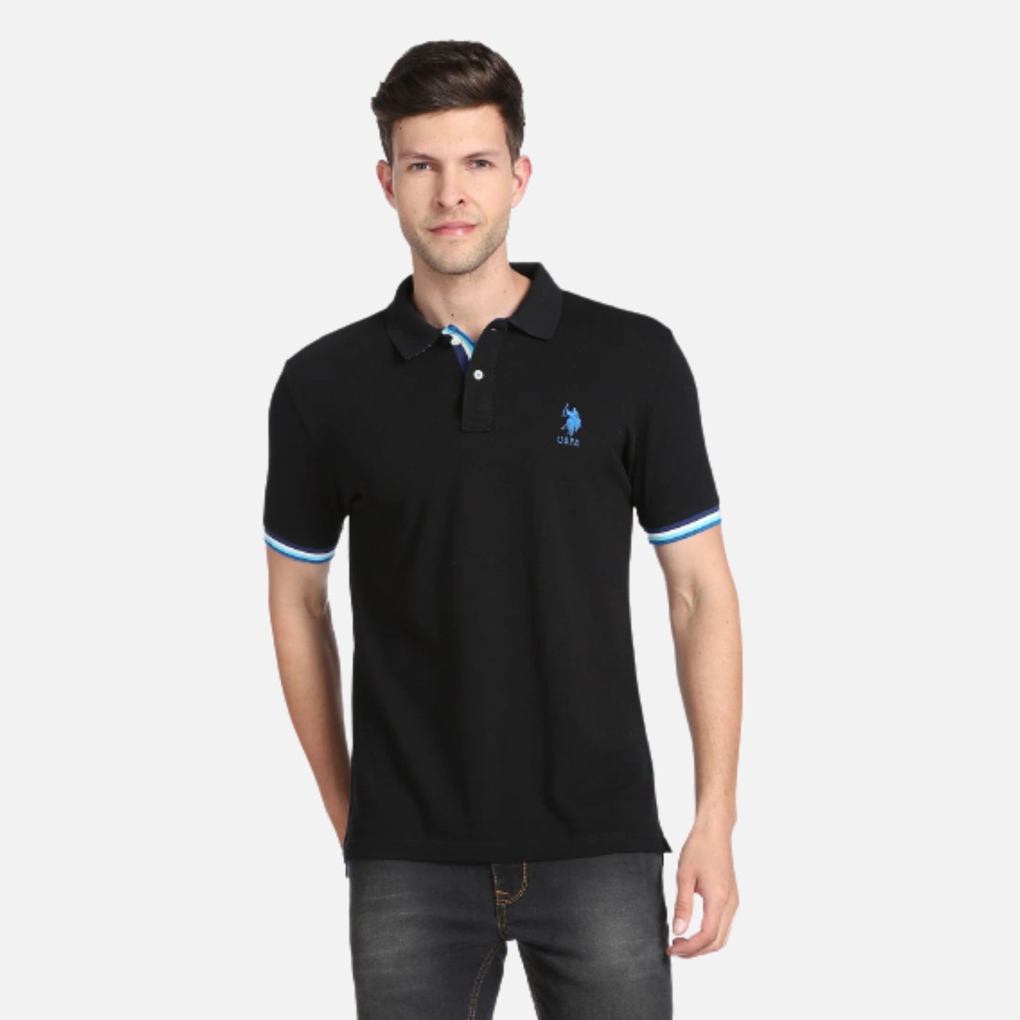 Striped Sleeve Hem Solid Polo Shirt