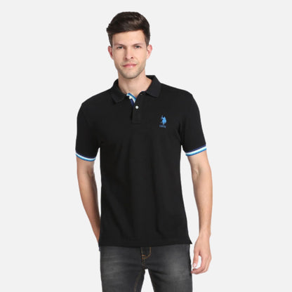 Striped Sleeve Hem Solid Polo Shirt