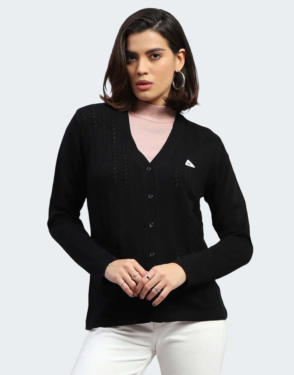 Women Black Self Design V Neck Full Sleeve Cardigan