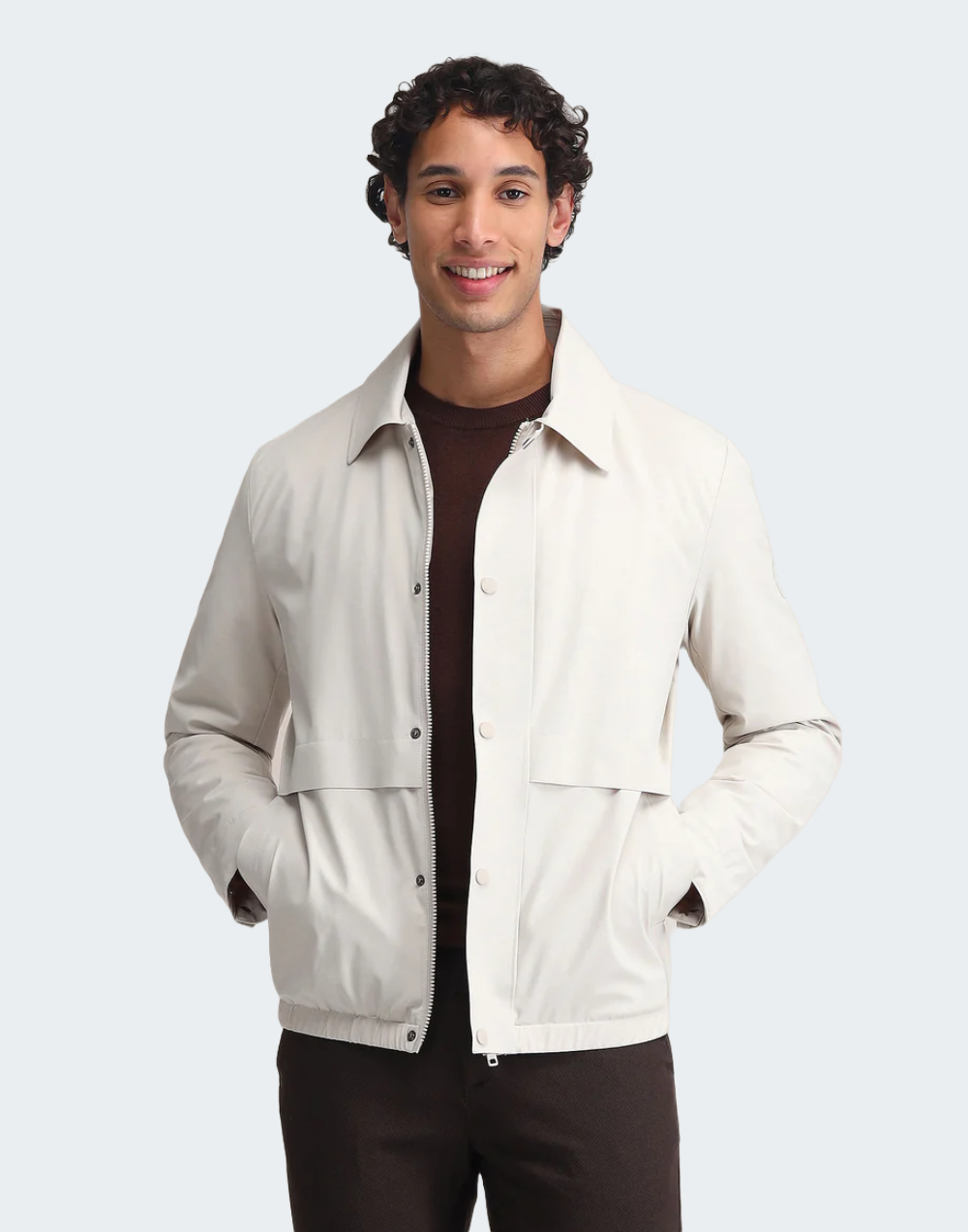 Beige Spread Collar Solid Jacket