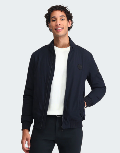 White & Navy Stand Neck Solid Jacket