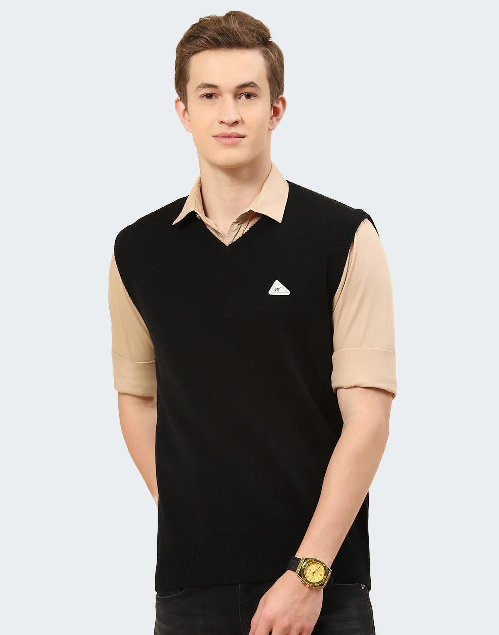 Men Black Solid V Neck Sleeveless Sweater