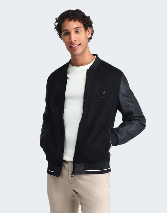 Black Embossed Branded Bomber Jacket
