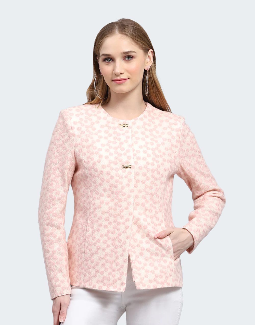 Women Pink Embroidered Round Neck Full Sleeve Coat