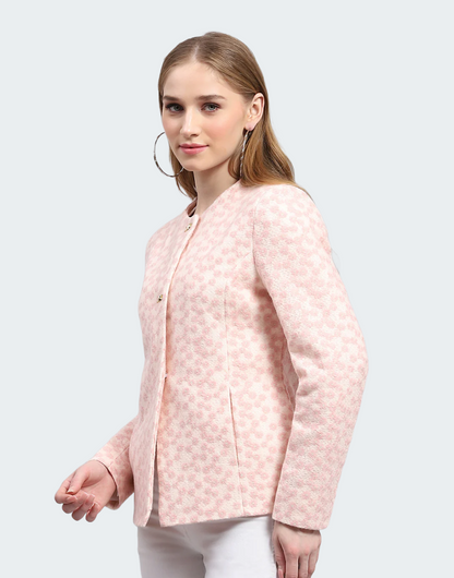 Women Pink Embroidered Round Neck Full Sleeve Coat