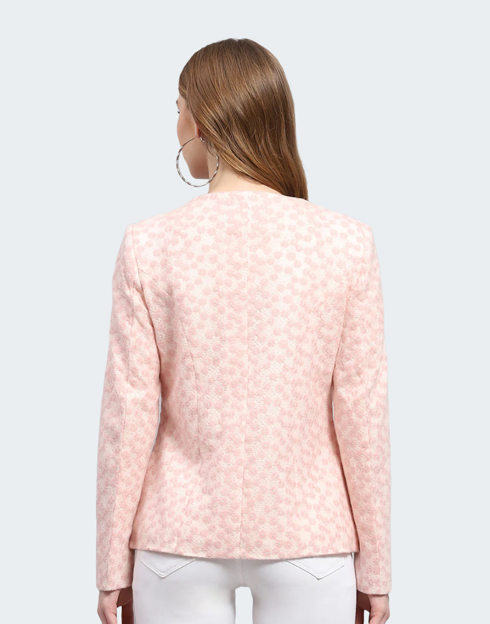 Women Pink Embroidered Round Neck Full Sleeve Coat