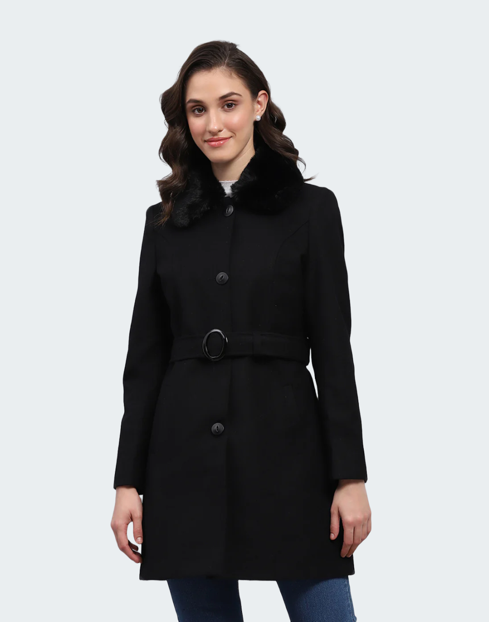 Women Black Solid Collar Full Sleeve Coat