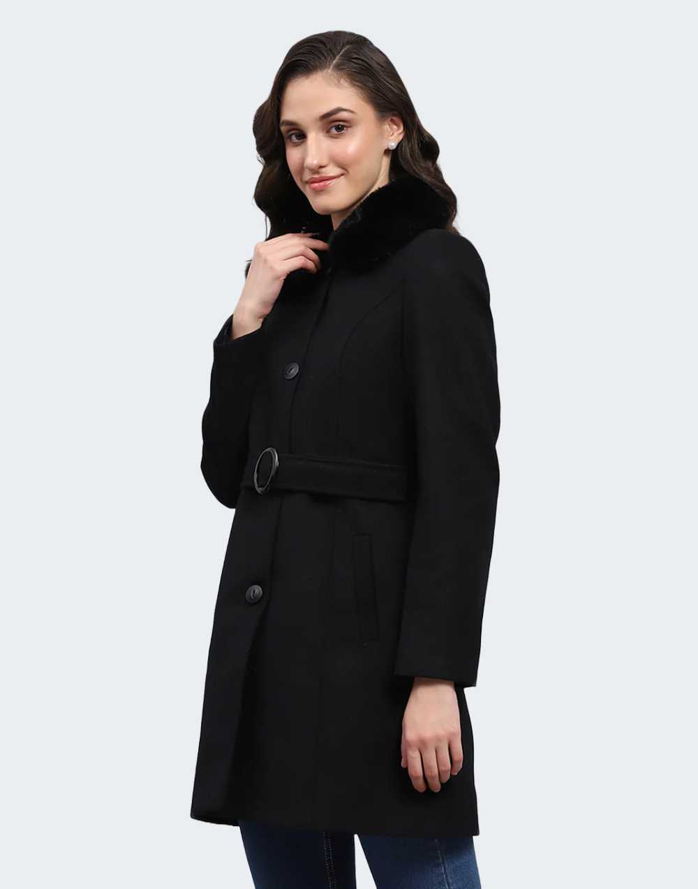 Women Black Solid Collar Full Sleeve Coat