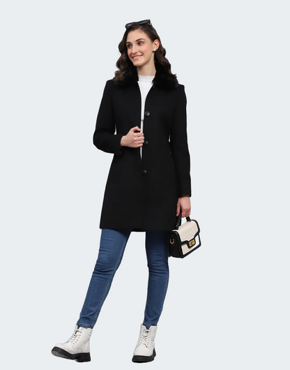 Women Black Solid Collar Full Sleeve Coat