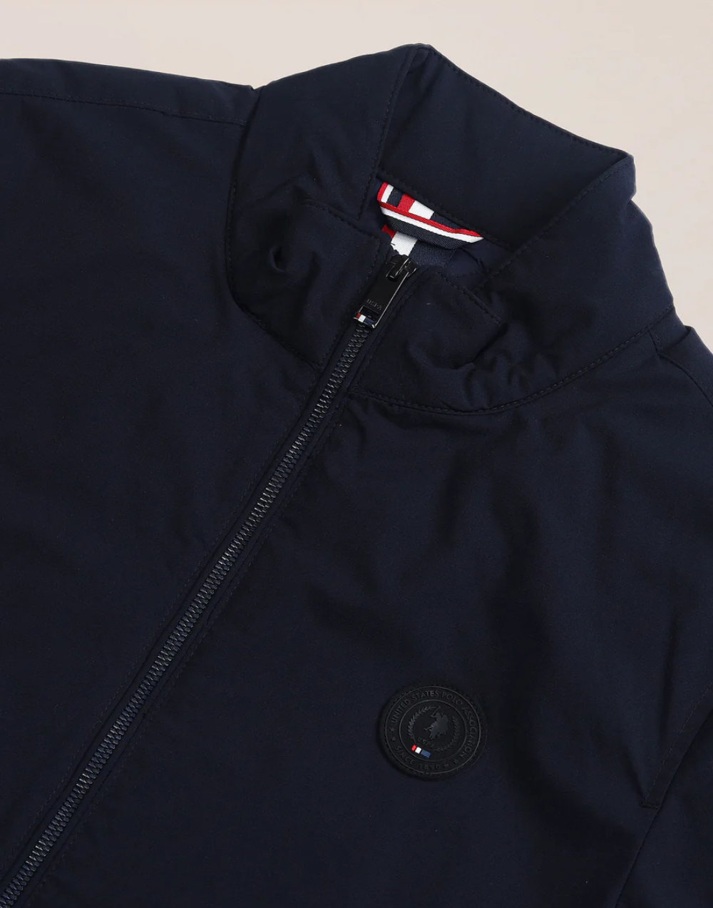 White & Navy Stand Neck Solid Jacket