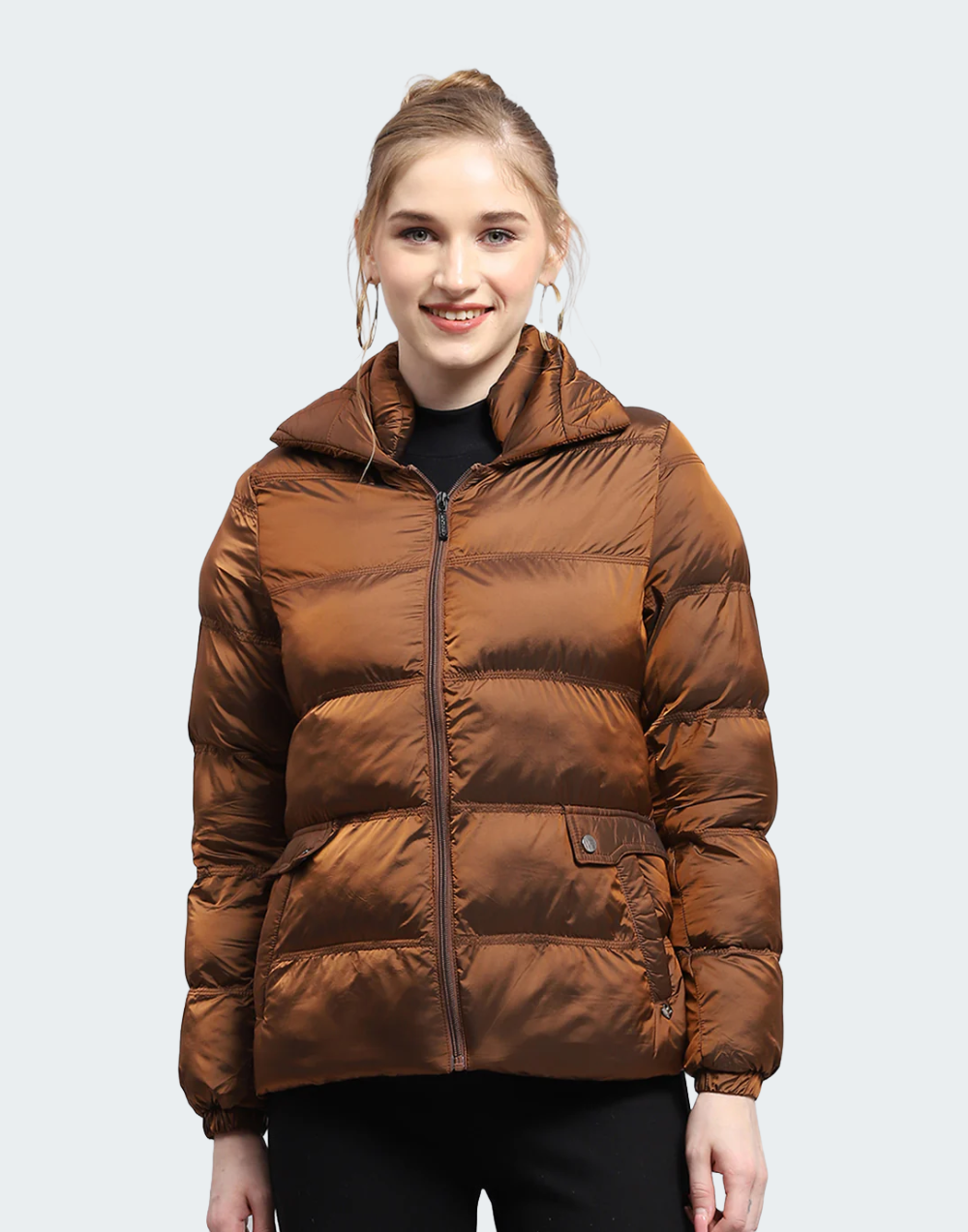 Women Brown Solid High Neck Full Sleeve Jacket