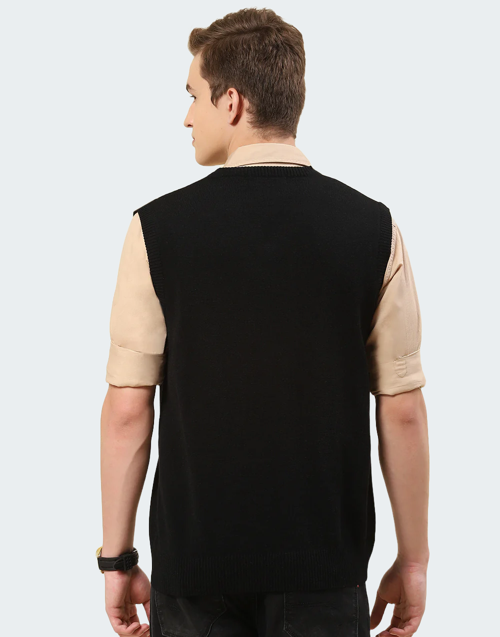 Men Black Solid V Neck Sleeveless Sweater