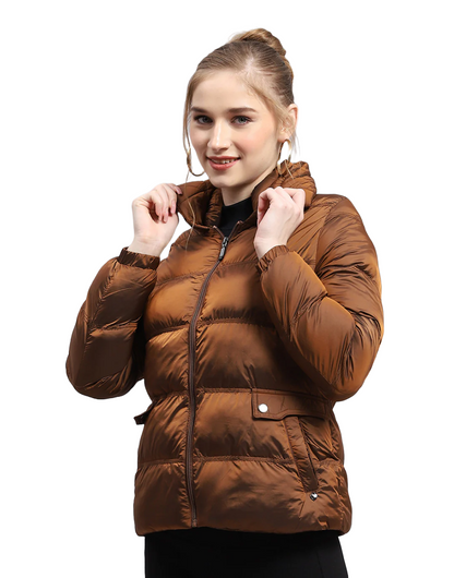 Women Brown Solid High Neck Full Sleeve Jacket