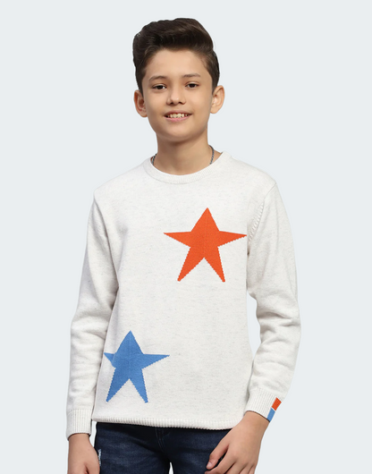 Boys White Self Design Round Neck Full Sleeve Pullover